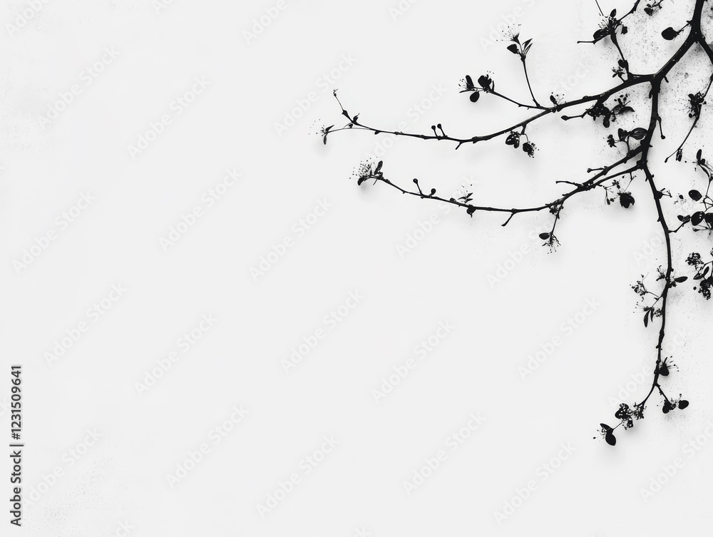 Black and white photo of a flowering branch against a bright wall. Minimalist nature photography. Black and white photo of a flowering branch against a bright wall. Minimalist nature photography.