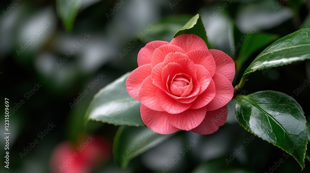 A close-up of a vibrant pink camellia flower surrounded by lush green leaves, showcasing its delicate petals and natural beauty. A close-up of a vibrant pink camellia flower surrounded by lush green leaves, showcasing its delicate petals and natural beauty.