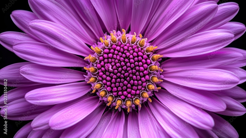 A vibrant purple flower with intricate petals and a striking central structure, set against a black background. A vibrant purple flower with intricate petals and a striking central structure, set against a black background.