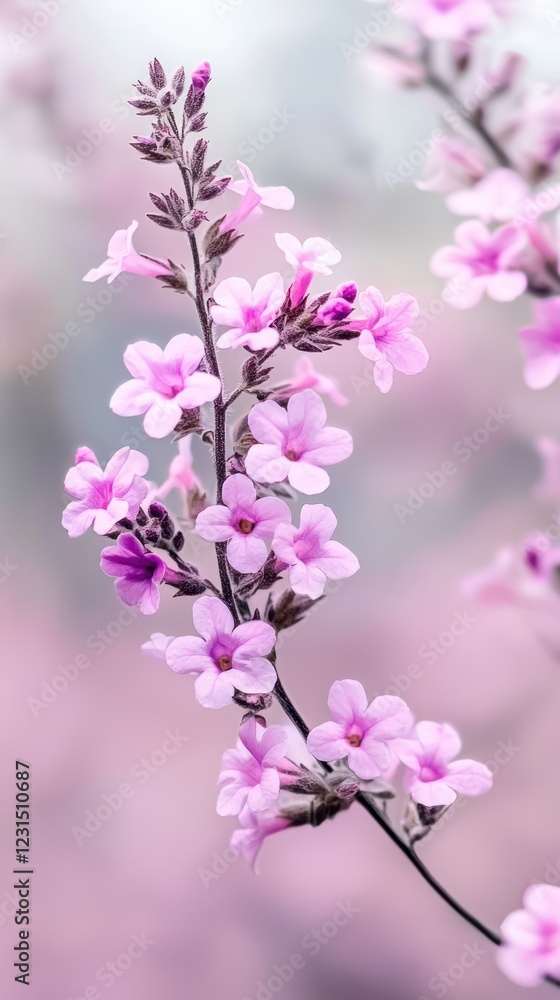 A delicate branch of pink flowers blooms softly against a blurred pastel background, creating a serene and tranquil atmosphere. A delicate branch of pink flowers blooms softly against a blurred pastel background, creating a serene and tranquil atmosphere.