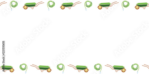 Vector frame from garden wheelbarrow, rolled hose for irrigation. Garden tool, work equipment. Horizontal upper and lower edging, border, divider on topic of gardening, farming, agriculture