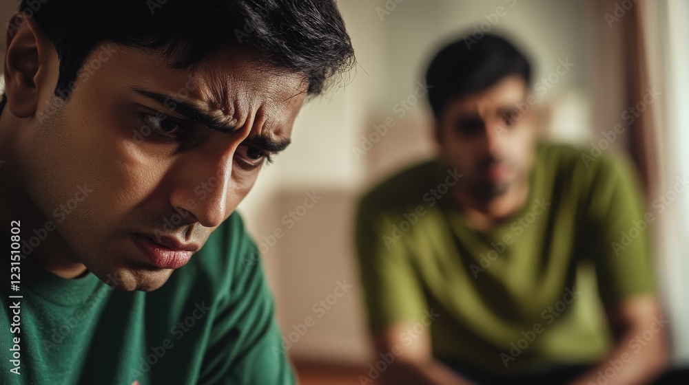 Obraz premium Men in deep conversation conveying emotions, discussing personal struggles and mental health challenges, reflecting feelings of anxiety and concern in a dimly lit room.