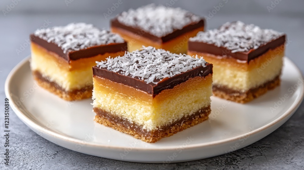 Delicious Layered Coconut Chocolate Cake Squares on White Plate with Gray Background Delicious Layered Coconut Chocolate Cake Squares on White Plate with Gray Background