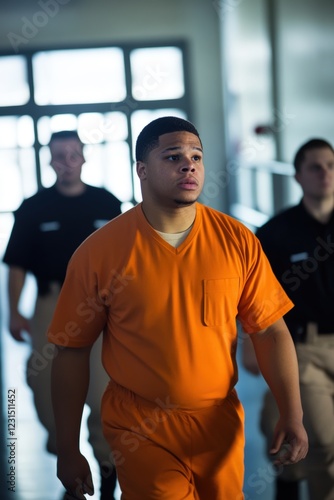 Prisoner in orange jumpsuit walking in facility with correctional officers supervising. Law enforcement, justice system, incarceration, and rehabilitation themes. photo