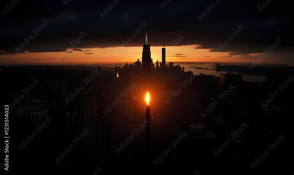 Fototapeta premium NYC sunrise, burning candle, cityscape, dramatic sky, hope