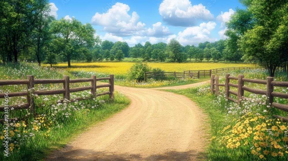 Serene Countryside Path Winding Through a Blossoming Meadow and Fence Serene Countryside Path Winding Through a Blossoming Meadow and Fence