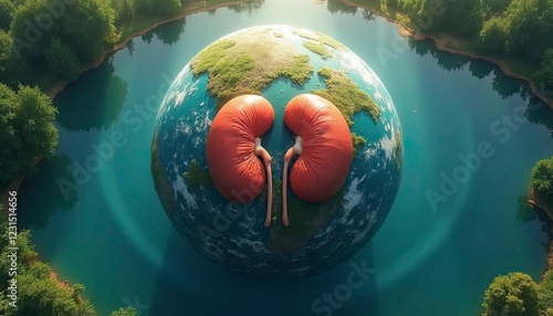 Earth with a kidney in the center, surrounded by trees and clean water