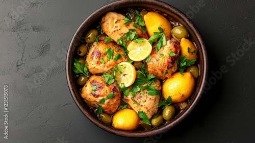 Wallpaper Mural Savory Roasted Chicken Thighs with Lemon, Olives, and Fresh Herbs in a Round Clay Bowl Torontodigital.ca