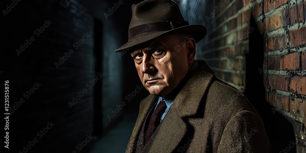 A suspicious shady character in a dark alley, depicted with shadowy details. A suspicious shady character in a dark alley, depicted with shadowy details.