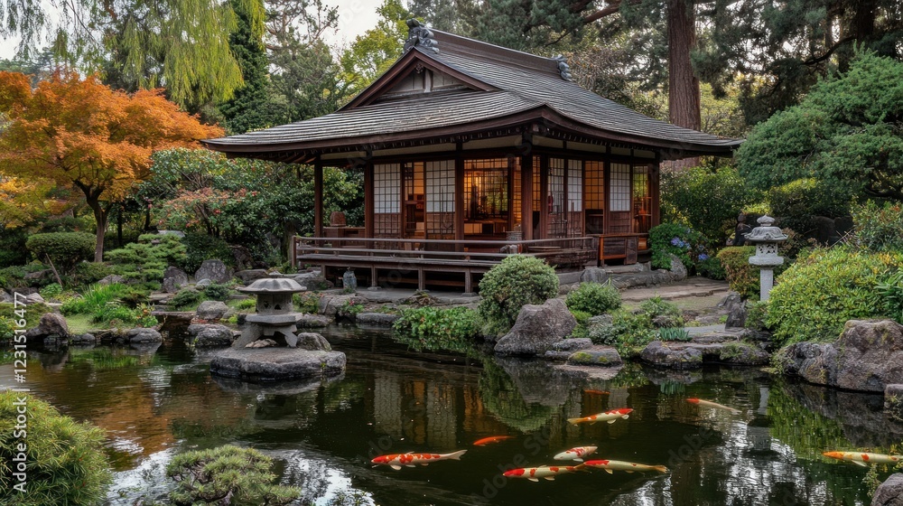 Japanese teahouse garden pond koi autumn Japanese teahouse garden pond koi autumn