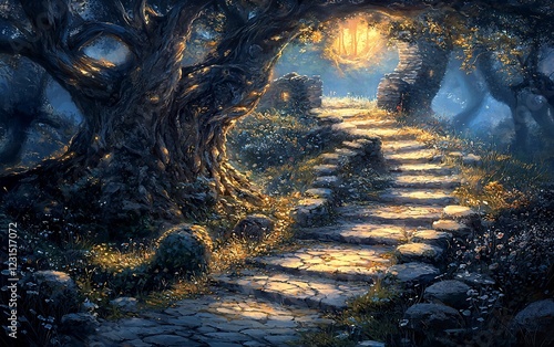 Enchanting stone stairway leading to a mystical hut in a sunlit forest.