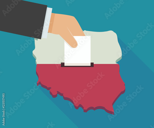 A hand drops a ballot in the 3D Poland map with the colors of the Polish flag on a blue background with long shadow (flat design)