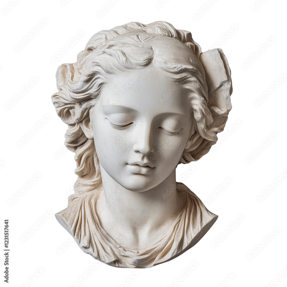 Elegant Marble Bust of a Classical Female Figure with Draped Hair and Serene Expression Elegant Marble Bust of a Classical Female Figure with Draped Hair and Serene Expression