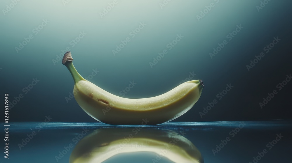 Yellow Banana on a Reflective Surface with Gradient Background Yellow Banana on a Reflective Surface with Gradient Background