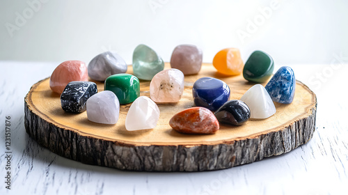 Healing crystals arranged in grid pattern on wooden slice. Spiritual energy, wellness theme. Natural stones of various colors. Perfect for meditation, reiki, crystal healing sessions. Collection of photo