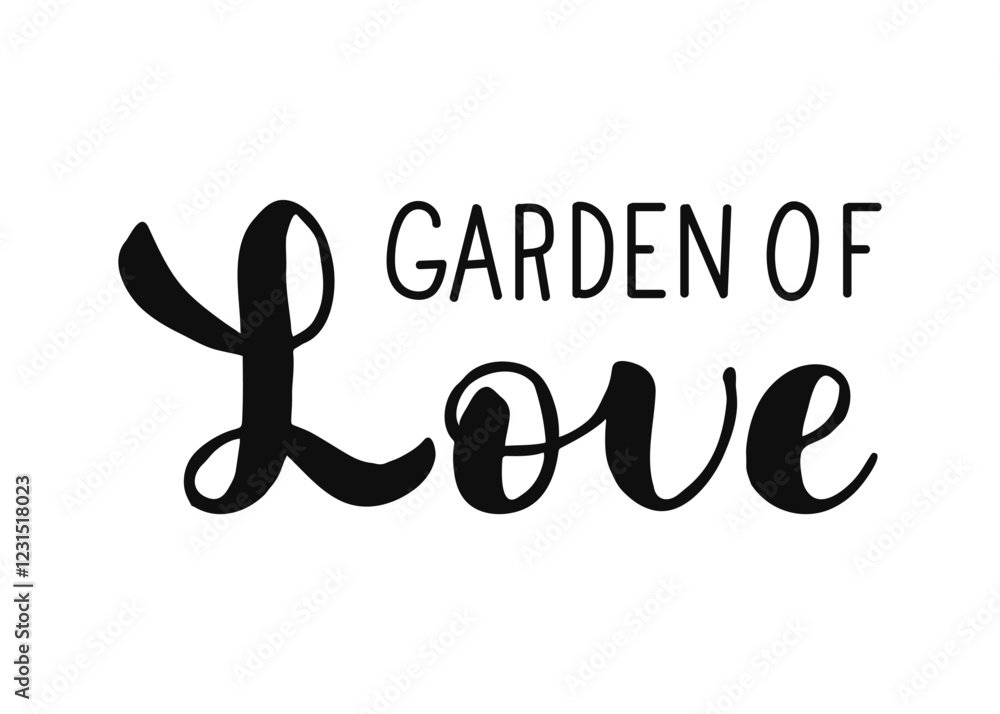 Garden of Love handwritten words isolated on white background. Hand drawn Calligraphy lettering spring season. Black script letters. Garden of Love handwritten words isolated on white background. Hand drawn Calligraphy lettering spring season. Black script letters.