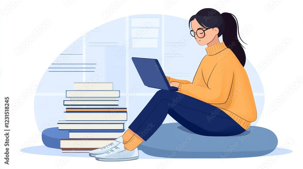 custom made wallpaper toronto digitalYoung woman studying or working on laptop, sitting comfortably on floor cushion