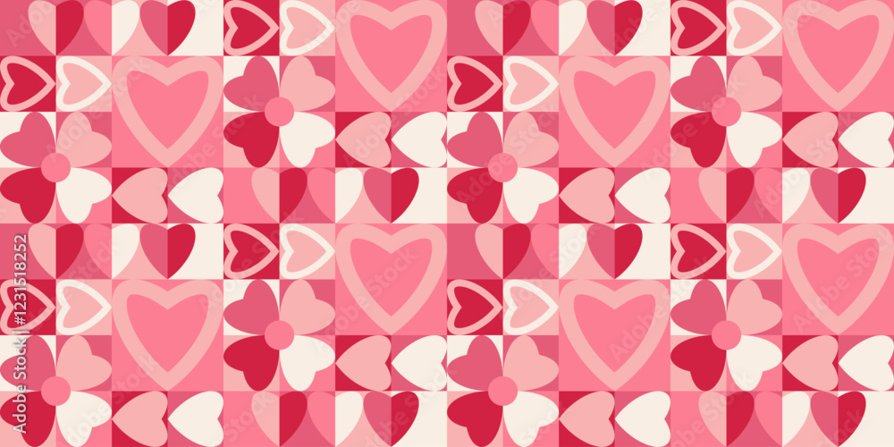 Abstract shape Valentine's day geometric seamless pattern with hearts. Trendy minimalist geometry cover design. Red and pink mosaic endless background for sale banner print Abstract shape Valentine's day geometric seamless pattern with hearts. Trendy minimalist geometry cover design. Red and pink mosaic endless background for sale banner print