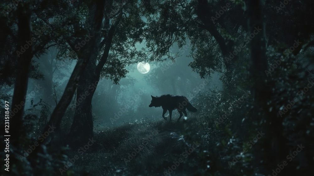 Fototapeta premium Lone wolf walking moonlit forest path, misty night