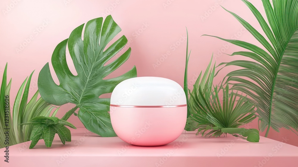 Fototapeta premium A pink-themed cosmetic container is elegantly set against lush green leaves, creating a fresh and vibrant aesthetic.