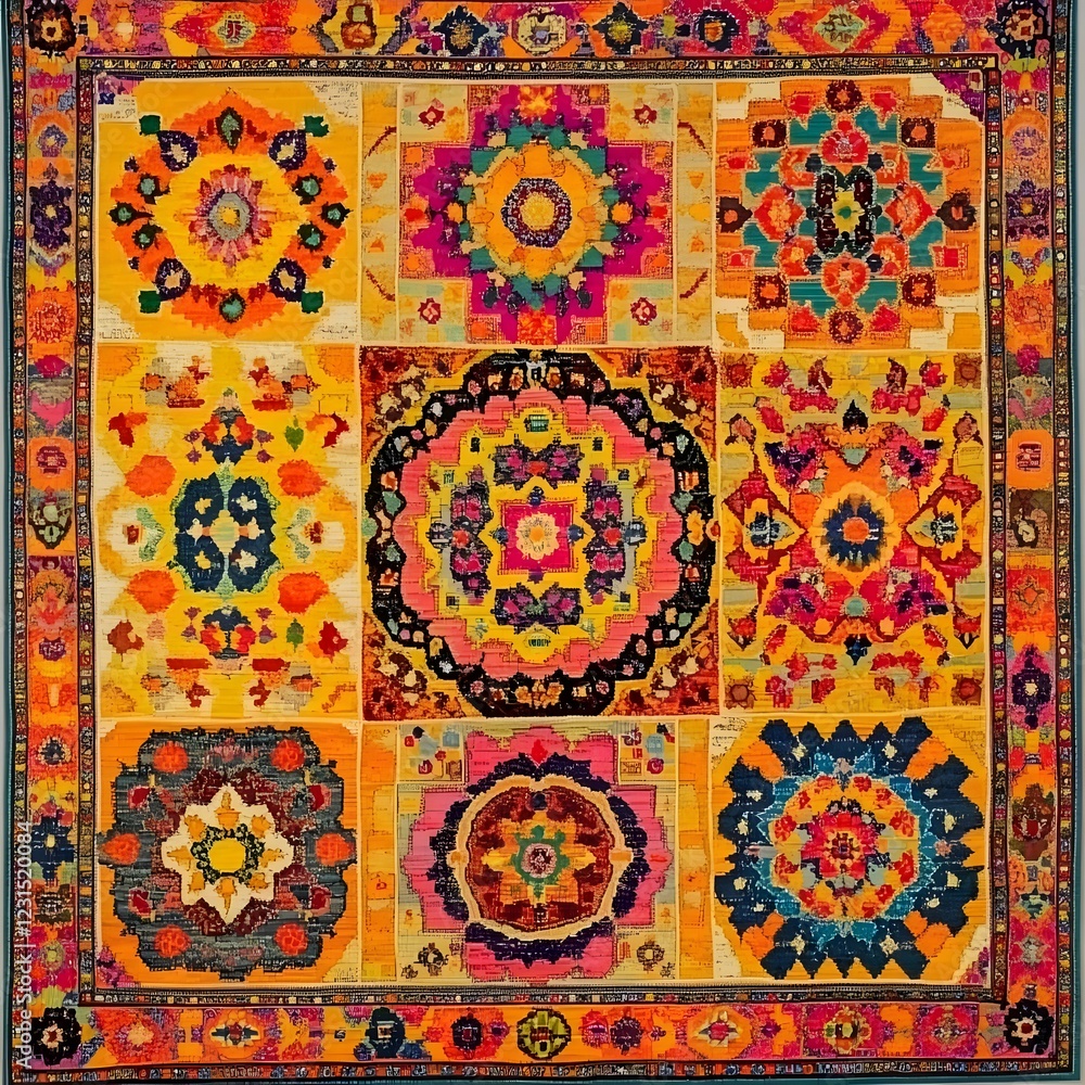 A vibrant textile art piece featuring intricate floral and geometric patterns. A vibrant textile art piece featuring intricate floral and geometric patterns.
