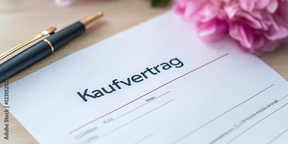 Kaufvertrag der zur Unterschrift ist. Kugelschreiber liegt auf dem Tisch. Vertrag - Kaufen - Unterschrift Kaufvertrag der zur Unterschrift ist. Kugelschreiber liegt auf dem Tisch. Vertrag - Kaufen - Unterschrift
