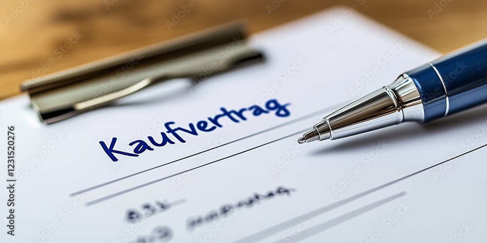 Kaufvertrag der zur Unterschrift ist. Kugelschreiber liegt auf dem Tisch. Vertrag - Kaufen - Unterschrift Kaufvertrag der zur Unterschrift ist. Kugelschreiber liegt auf dem Tisch. Vertrag - Kaufen - Unterschrift