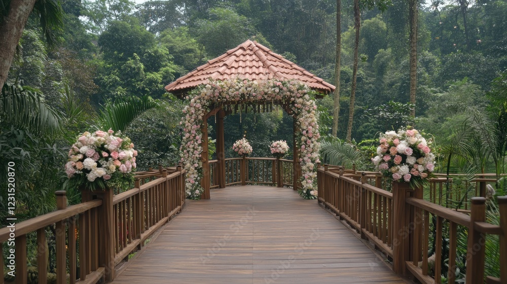 Obraz premium Romantic Gazebo Wedding Bridge in Lush Forest