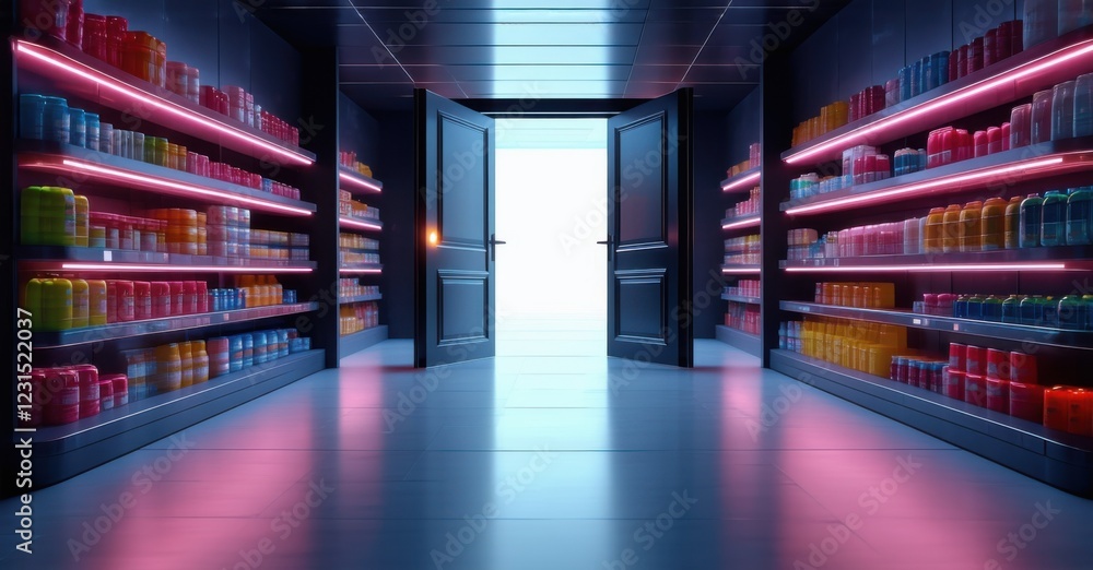 Open door at end of glowing supermarket aisle leads into infinite unknown, symbolizing endless consumer choices, retail expansion, digital shopping, and futuristic commerce Open door at end of glowing supermarket aisle leads into infinite unknown, symbolizing endless consumer choices, retail expansion, digital shopping, and futuristic commerce