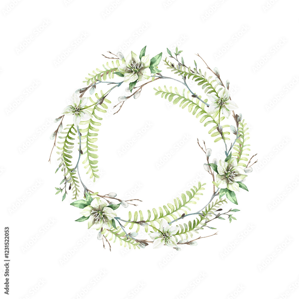 Spring wreath of fern leaves, twigs, willow branches and white hellebore flowers. Round frame hand painted with watercolor isolated on white background. Element for Easter decor Spring wreath of fern leaves, twigs, willow branches and white hellebore flowers. Round frame hand painted with watercolor isolated on white background. Element for Easter decor