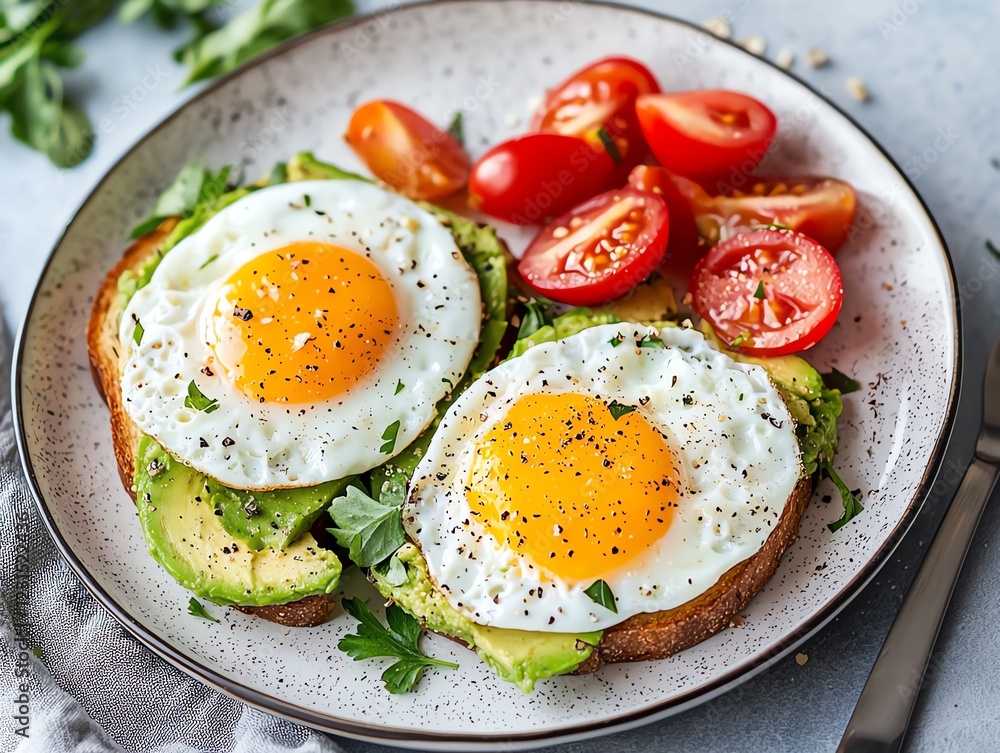 Morning routines in spring, breakfast energy, plate of vibrant avocado toast with eggs, bright and energizing composition Morning routines in spring, breakfast energy, plate of vibrant avocado toast with eggs, bright and energizing composition