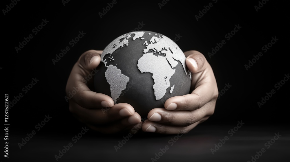 Hands holding a monochrome globe with continents highlighted, set against a dark background. Concept of global responsibility and environmental awareness. Hands holding a monochrome globe with continents highlighted, set against a dark background. Concept of global responsibility and environmental awareness.