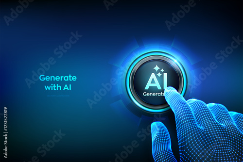 Generate with AI button. Artificial intelligence and Machine learning technology concept. AI enters by command prompt to generate ideas. Closeup finger about to press a Generate AI button. Vector.