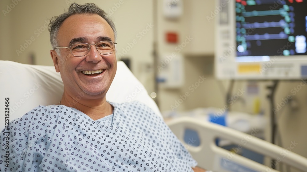 Obraz premium A cheerful man lies in a hospital bed, dressed in a medical gown, showcasing a genuine smile. Surrounded by medical equipment, he embodies hope and determination while recovering