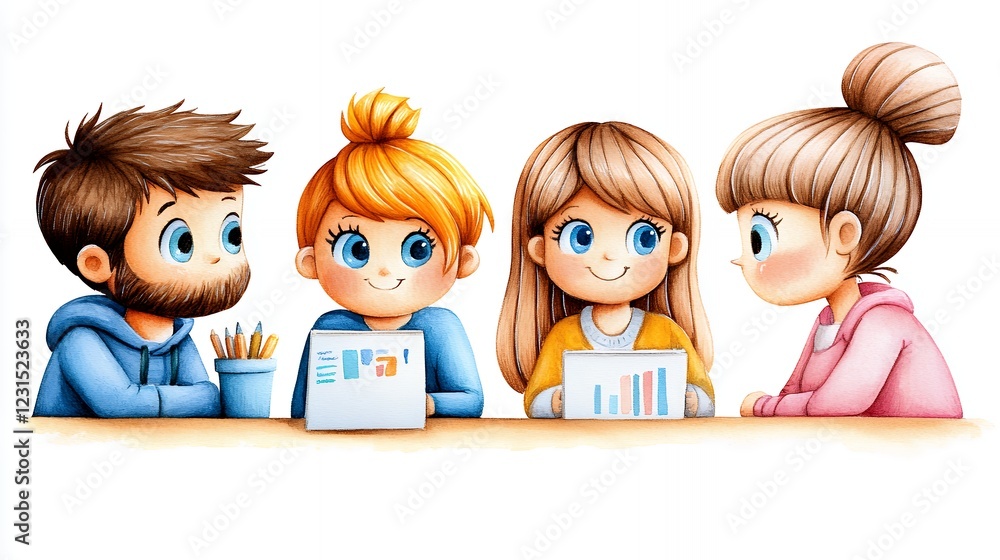 Stylized Watercolor Illustration of a Team Meeting with Documents Stylized Watercolor Illustration of a Team Meeting with Documents