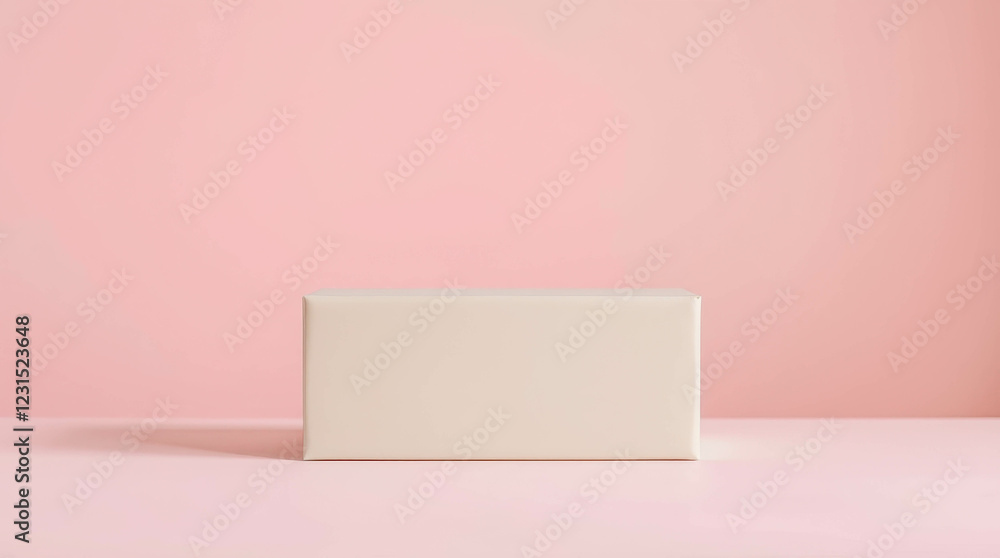 A light beige box standing on a smooth surface against a soft pink wall. A minimalist composition of subdued pastel shades. A light beige box standing on a smooth surface against a soft pink wall. A minimalist composition of subdued pastel shades.