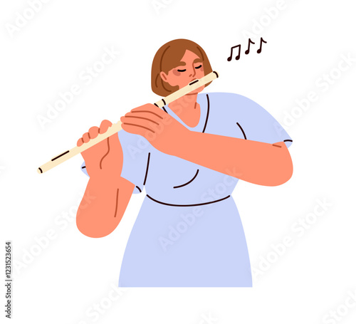 Woman playing flute. Talented female musician performing calm peaceful melody with wind music instrument. Girl player performer, rehearsal. Flat vector illustration isolated on white background