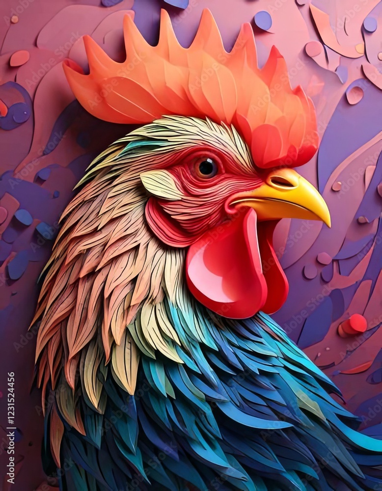 Vibrant Rooster with Layered Feather Detail Vibrant Rooster with Layered Feather Detail