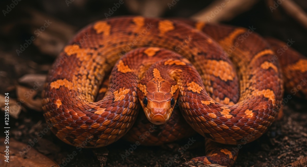 Fototapeta premium Vibrant orange and brown snake coiled on forest floor among leaves