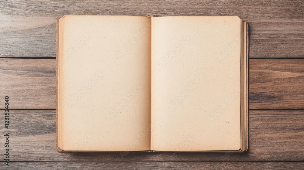 Fototapeta premium Open vintage book with blank pages rests on a dark brown wooden surface. Perfect for adding your own text or images.