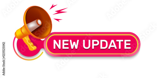 New update icon. Special offer sign. Rounded label with megaphone icon and text new update. New update speech message. 