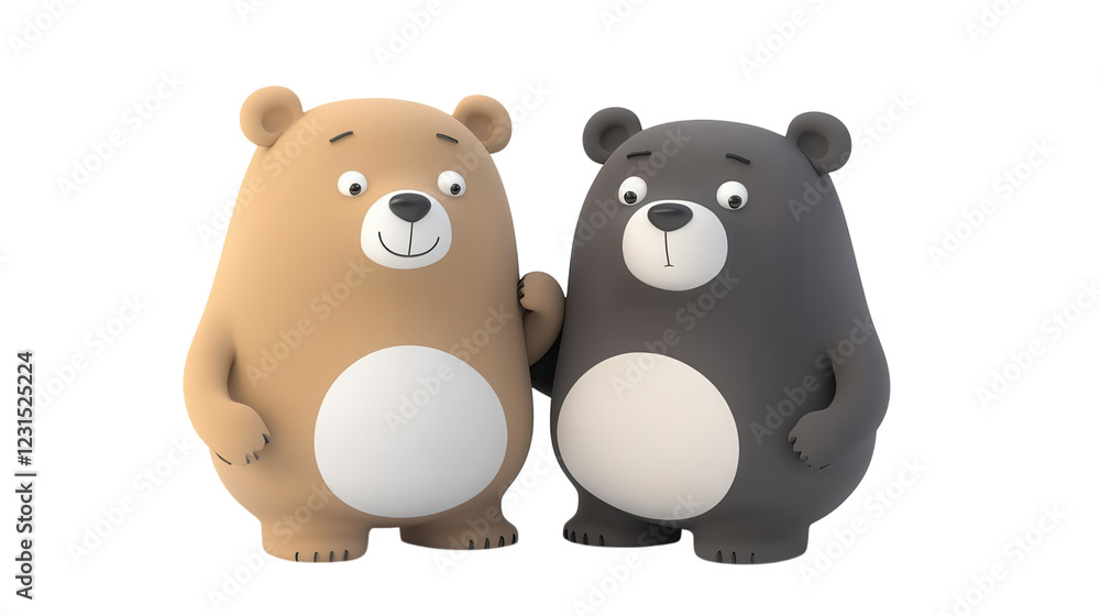 Fototapeta premium Two cartoon bears standing together, one brown and one black, smiling in a friendly manner