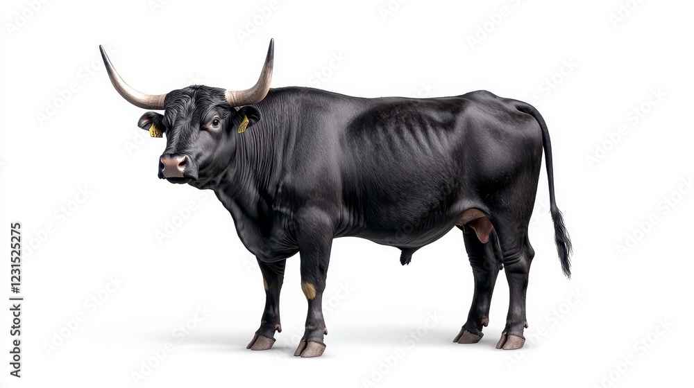 Black Bull with Prominent Horns Standing Proudly on White Background Black Bull with Prominent Horns Standing Proudly on White Background