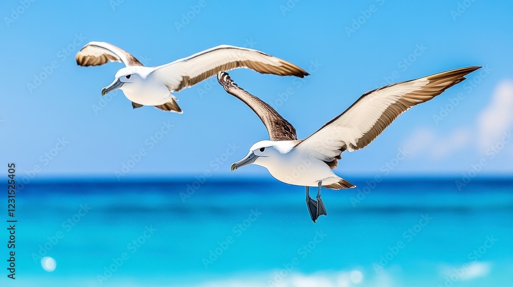 Obraz premium Two Elegant Birds in Flight Over Crystal Clear Tropical Sea