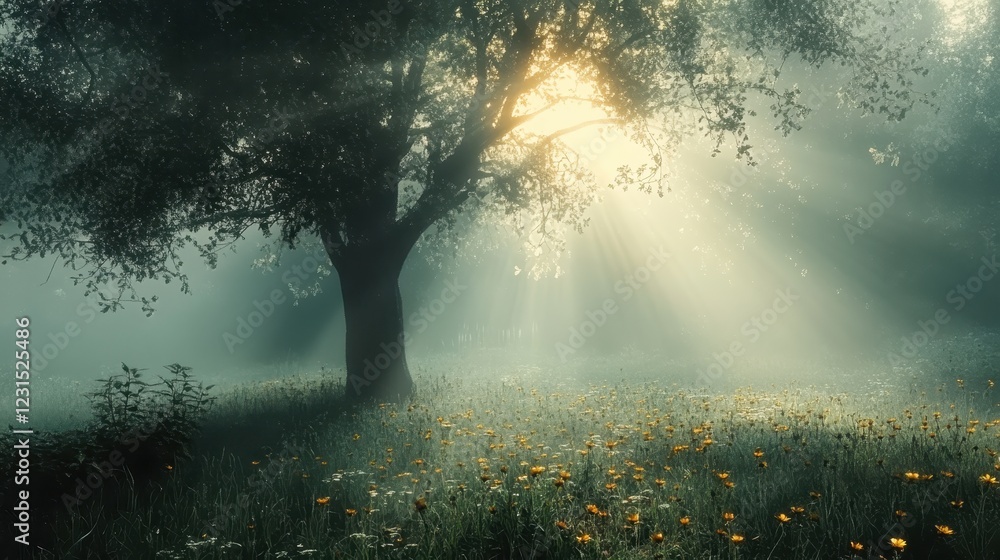 Tree standing alone in a wide field illuminated by sunbeams during sunny weather Tree standing alone in a wide field illuminated by sunbeams during sunny weather