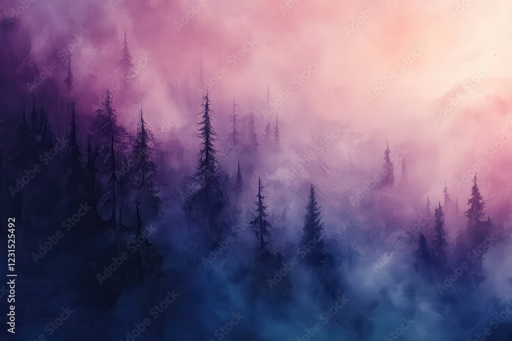 Dense forest with tall trees and fog covering the ground and sky during early morning light Dense forest with tall trees and fog covering the ground and sky during early morning light