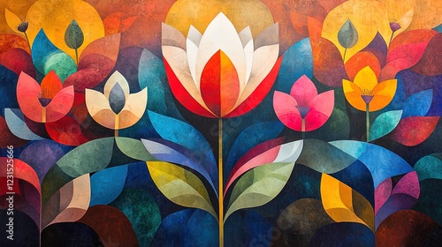 Islamic art-inspired mural with floral and geometric patterns, vibrant and colorful design 