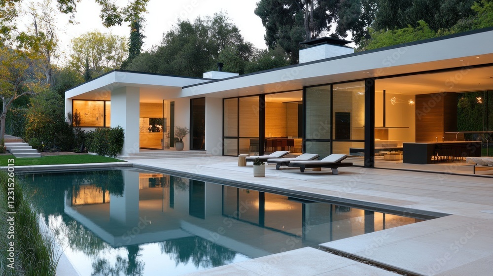 Modern house poolside evening California landscape Modern house poolside evening California landscape