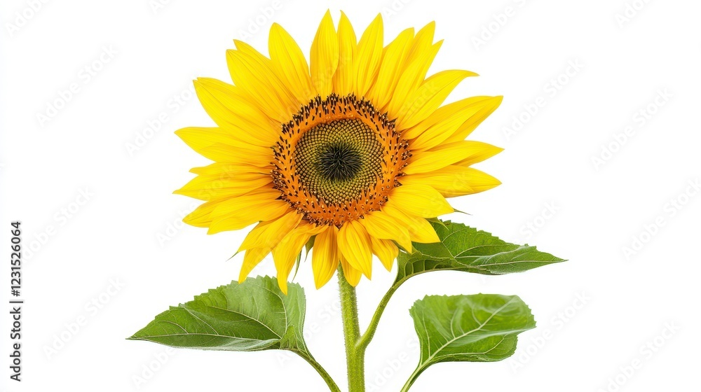 Obraz premium Bright Yellow Sunflower with Green Leaves Isolated on White Background