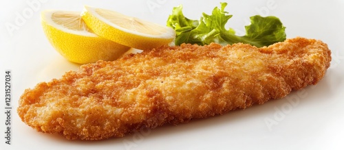 Crispy golden fried fish fillet on a white plate garnished with fresh lettuce and lemon wedges positioned on the top right corner. photo